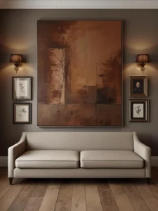 massive oil-painted abstract in muted rust and umber