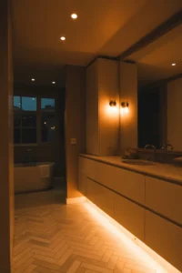 master bathroom with warm herringbone marble heated floor