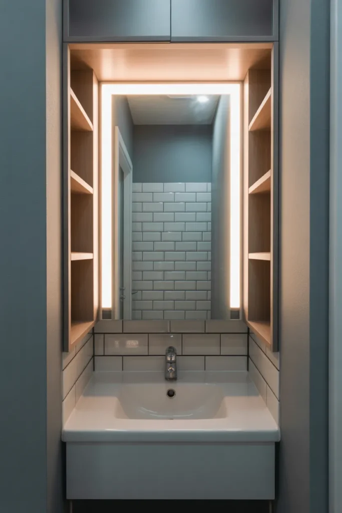 medicine cabinet featuring integrated LED strip lighting