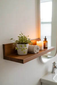 medium close shot of floating walnut wood shelf on white painted wall