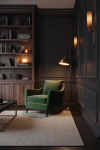 medium shot of a moody family room with near-black charcoal walls