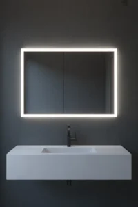 minimal bathroom with a large rectangular backlit LED mirror mounted