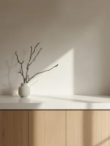 minimalist Japandi kitchen with porcelain slab countertops