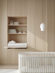 minimalist nursery with an entire wall of floor-to-ceiling