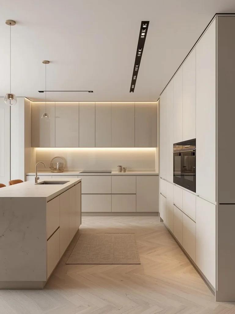 minimalist open kitchen with handleless cabinets