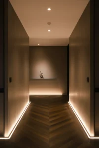 modern hallway at nighttime lit entirely by smart lighting
