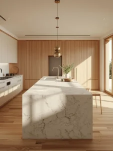 modern kitchen with floor-to-ceiling white oak cabinetry and a continuous sintered stone countertop