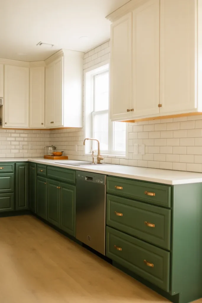 modern kitchen with warm white upper cabinets and deep forest green lower cabinets