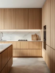 modern oak kitchen with vertical grain cabinets