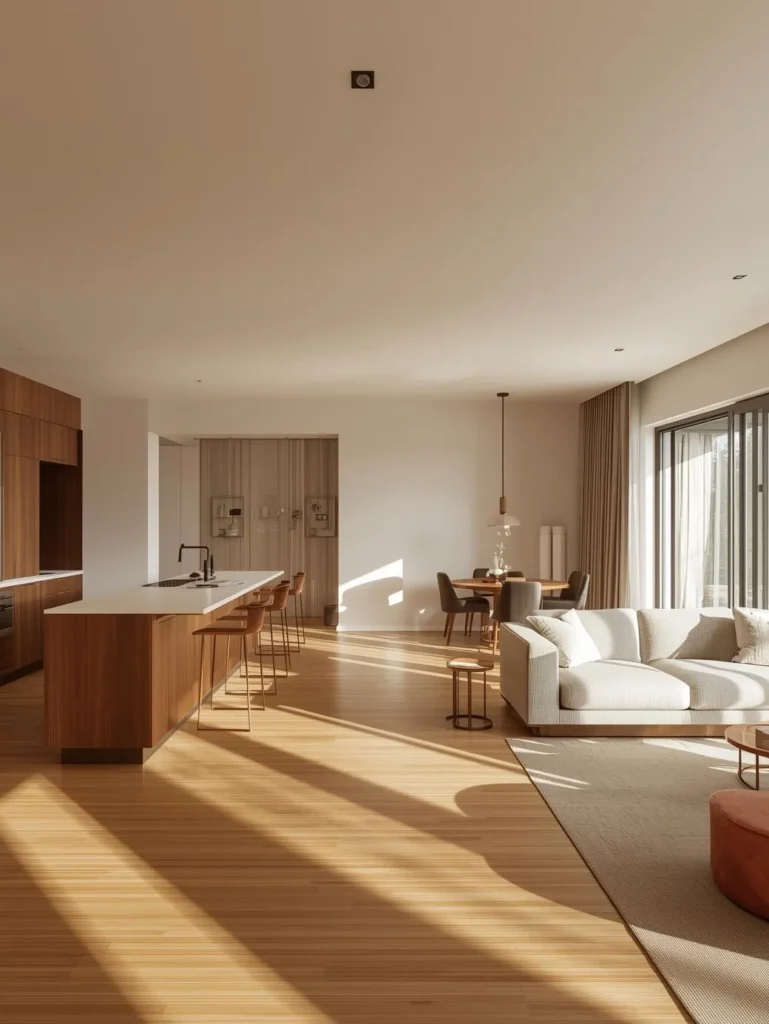 modern open kitchen flowing into living room