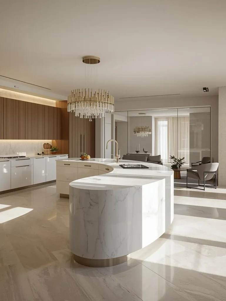 open kitchen with curved island design