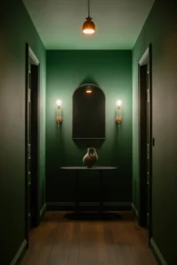 moody hallway painted in deep forest green with a satin sheen
