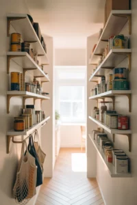 narrow hallway pantry wall with four long white floating shelves