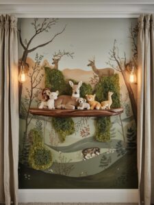 nursery accent wall featuring a sweeping hand-painted woodland mural