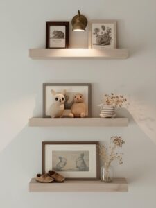 nursery wall fitted with three staggered floating shelves in bleached white oak