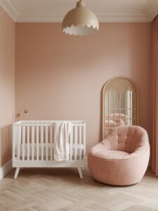 nursery wrapped in tone-on-tone scallop wallpaper in warm dusty blush