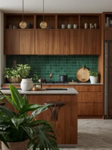 oak kitchen with deep green backsplash