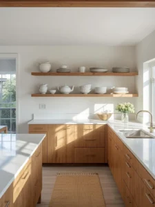 oak kitchen with floating wood shelves
