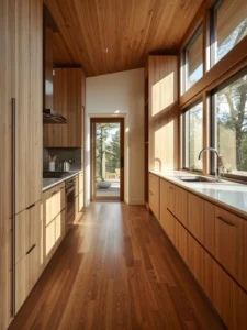 oak kitchen with floor to ceiling windows