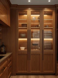 oak kitchen with glass cabinet doors