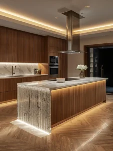 oak kitchen with waterfall quartz island