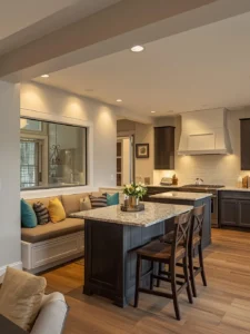 open kitchen with built in breakfast nook seating