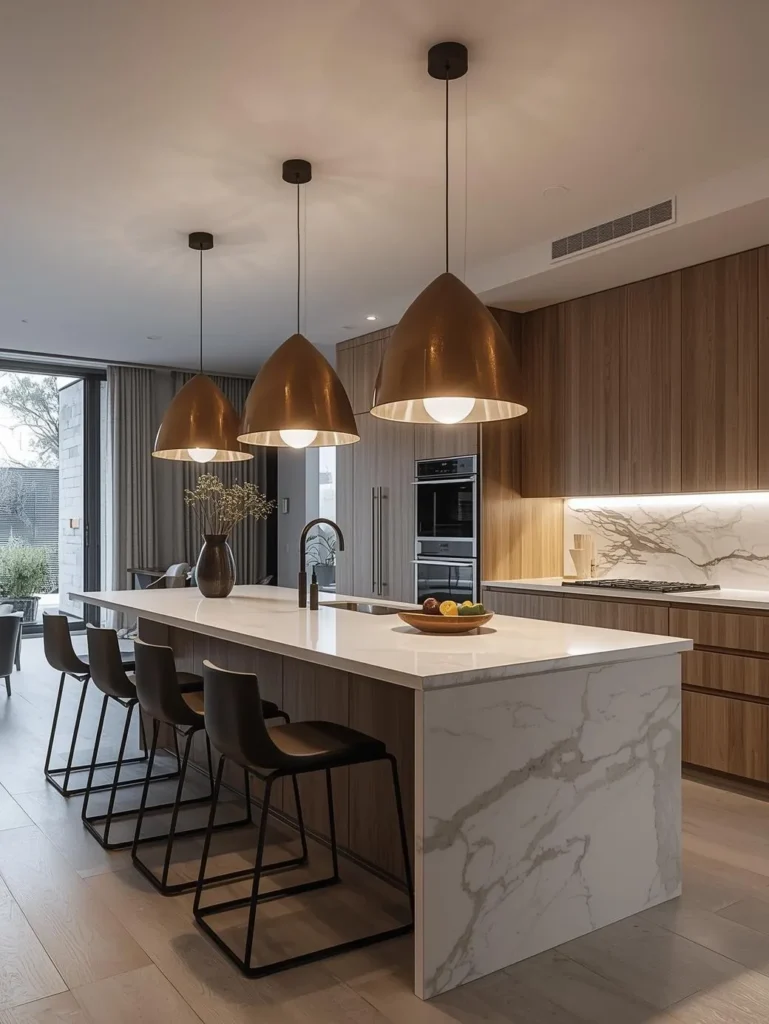 open kitchen with dramatic oversized pendant