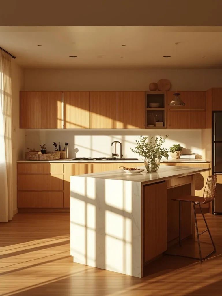 open kitchen with warm wood cabinets