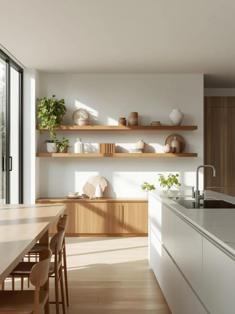 open kitchen with wooden floating shelves