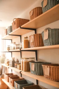 open pantry wall shelves with colorful woven baskets in terracotta