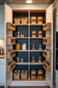 pantry cabinet interior with a matte black chalkboard back wall