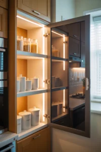 pantry cabinet with a full glass-front door