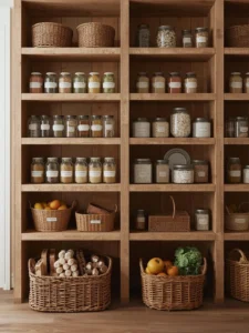 pantry with woven baskets