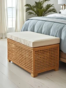 precision-woven natural rattan wicker bedroom bench