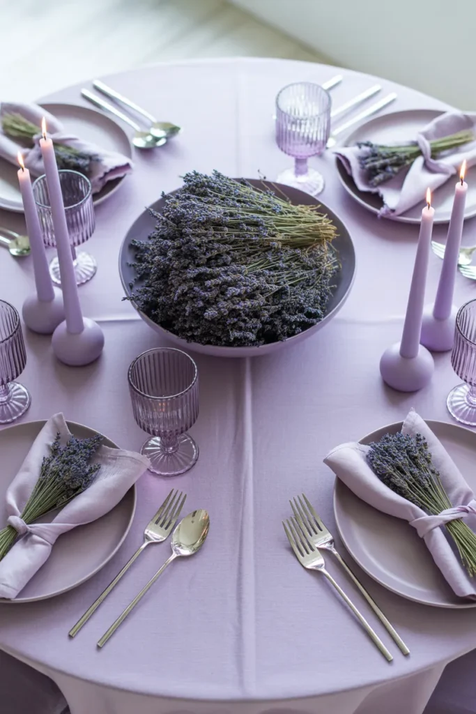 round dining table set entirely in a lavender and lilac monochrome palette