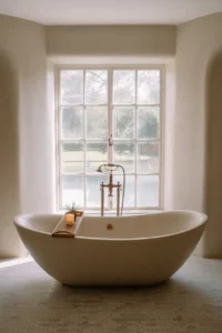 sculptural oval white freestanding soaking tub centered in front of large window with garden view