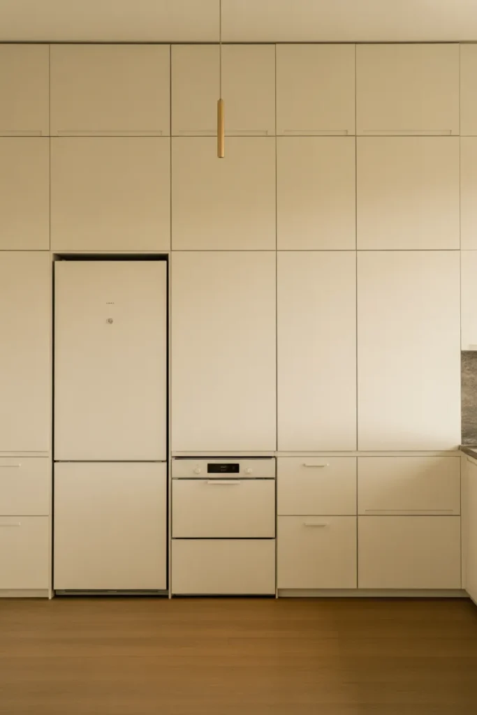 seamless kitchen wall in warm white flat-front cabinetry floor to ceiling