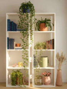 series of open white shelves in a bright boho apartment