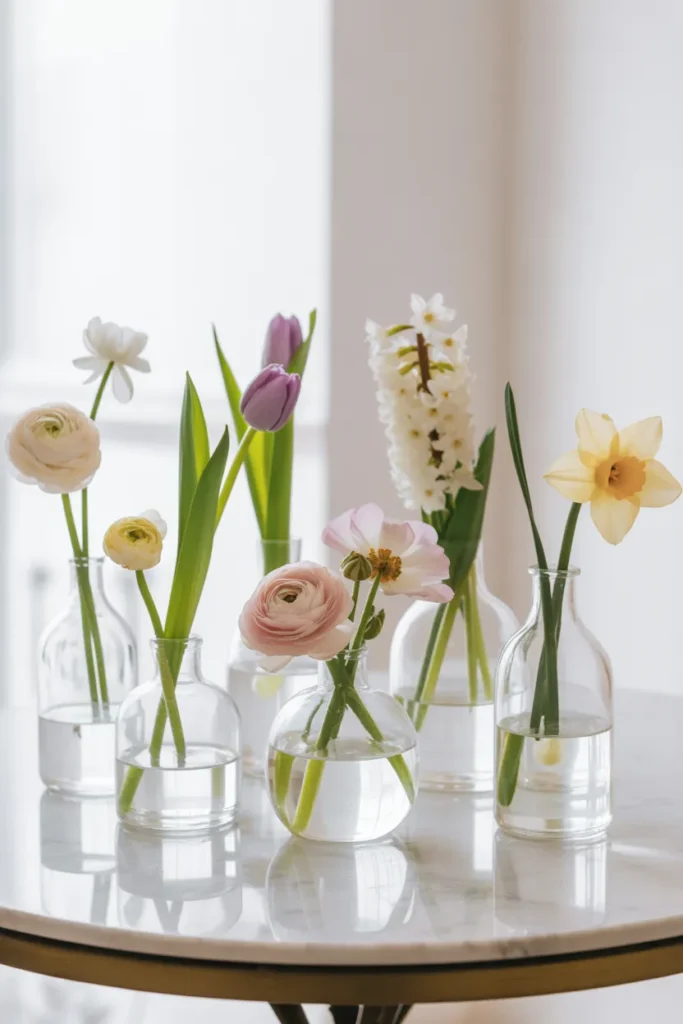 seven small clear glass bud vases spaced unevenly down a round marble-top dining table