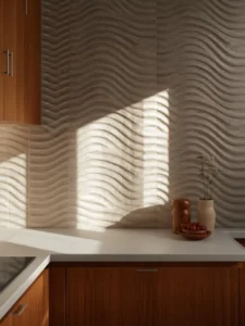 side wall covered in 3D wave-profile tiles