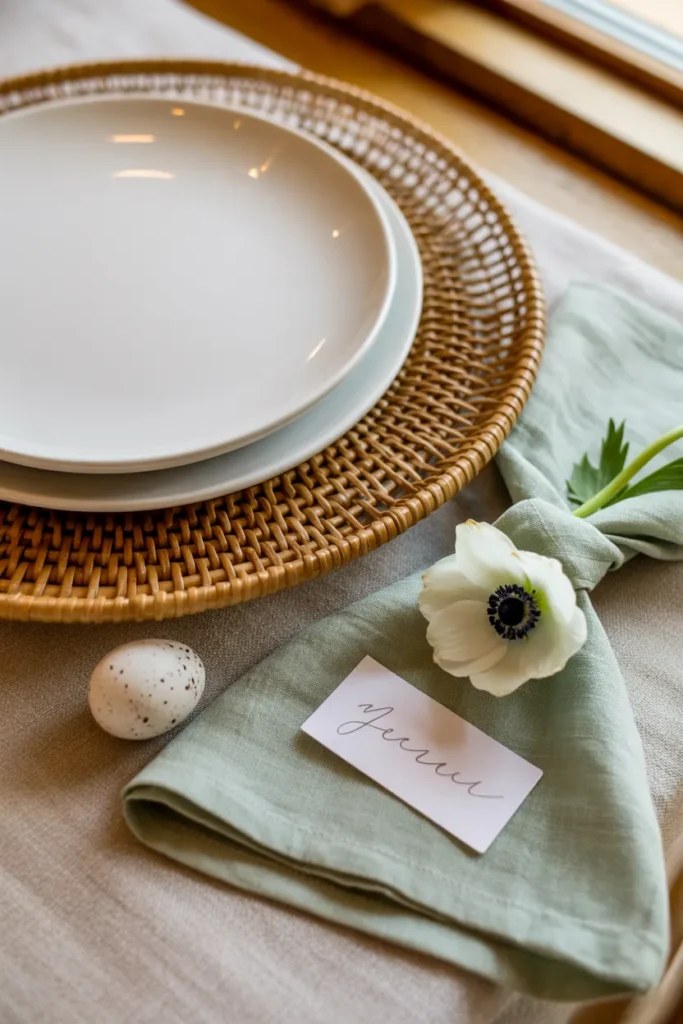 single rattan charger plate on a linen tablecloth. White ceramic dinner plate stacked on top