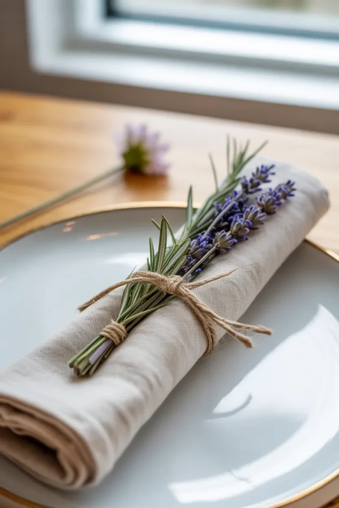 single rolled ivory linen napkin with a bundle of fresh lavender and rosemary wrapped in thin jute twine