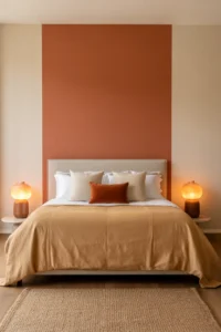 single terracotta-painted accent wall behind upholstered headboard
