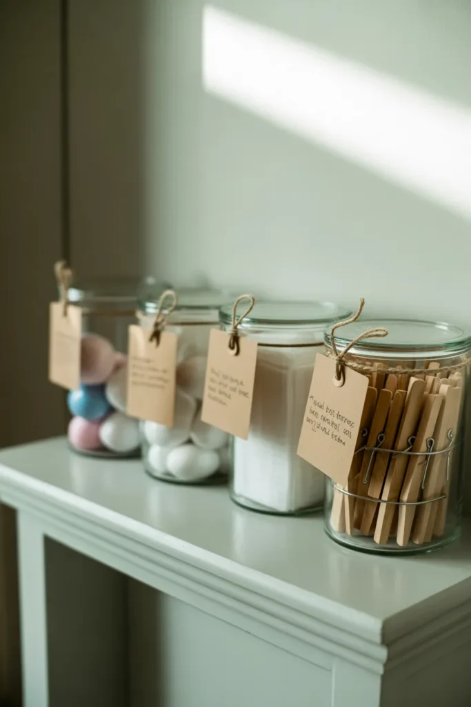 single white painted shelf with four matching clear glass canisters filled with laundry pods, dryer sheets, and clothespins