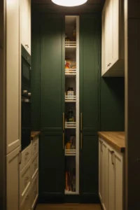 slim built-in pantry tower cabinet in deep forest green with a matte finish