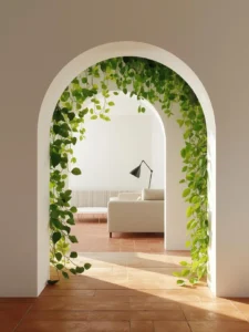 smooth plaster arched doorway leading into a sunlit living room