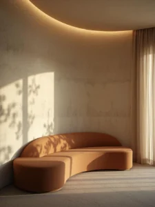 softly curved ivory limewash plaster accent wall glowing under warm recessed lighting