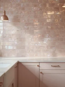 softly lit kitchen with a full backsplash of iridescent pearlescent subway tiles