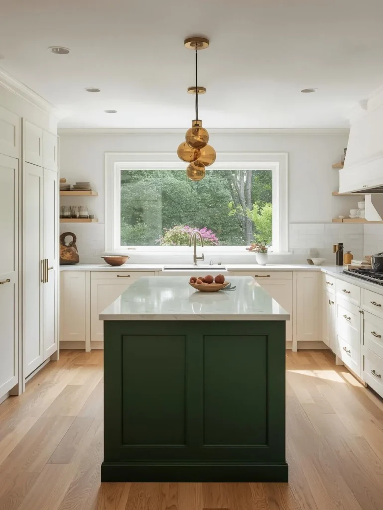spacious kitchen with crisp satin white perimeter cabinetry