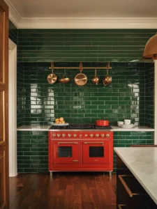 stacked-bond glossy forest green brick tiles